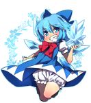  1girl bloomers blue_dress blue_eyes blue_hair body_blush bow cirno clenched_teeth dress eyebrows hair_bow highres ice ice_wings short_hair smile solo touhou underwear wings youki_(yuyuki000) 