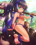  1girl animal anklet aqua_eyes ass axe bad_feet barefoot bell bird black_hair chinese_clothes dog feet highres jewelry jingle_bell long_hair monkey riding soles solo toeless_socks toes tsukigami_chronica very_long_hair weapon 