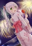  1girl :d aerial_fireworks bangs blush candy_apple dutch_angle fireworks from_behind green_eyes highres holding_food horizon japanese_clothes kimono lavender_hair long_hair long_sleeves looking_back night night_sky obi ocean open_mouth original sash scrunchie sky smile solo tsuchikure_(3105mitoko) twintails yukata 