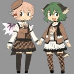  2girls alternate_costume animal_ears bird_ears bird_wings black_eyes chibi dog_ears dog_tail green_eyes green_hair hands_together hat kasodani_kyouko multiple_girls mystia_lorelei open_mouth pink_hair tail thigh-highs touhou wings yudepii 