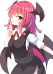  1girl ;) bat_wings beni_shake dress head_wings index_finger_raised koakuma long_hair looking_at_viewer one_eye_closed red_eyes redhead simple_background smile solo touhou white_background wings 