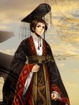  1boy axis_powers_hetalia brown_eyes brown_hair chin_strap china_(hetalia) chinese_clothes dated from_below hat kenin male_focus signature sky solo 