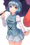  1girl blue_eyes blue_hair heterochromia highres karakasa_obake long_sleeves looking_at_viewer puffy_sleeves red_eyes shirt shone short_hair simple_background skirt skirt_set smile solo tatara_kogasa tongue tongue_out touhou umbrella vest white_background 