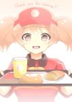  1girl :d breasts brown_eyes brown_hair employee_uniform fast_food_uniform hataraku_maou-sama! highres large_breasts open_mouth sasaki_chiho short_hair short_twintails smile solo tray twintails uniform visor_cap 