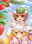  2girls :d animal_ears apple apple_tree blonde_hair blue_sky blurry brown_hair carrying cat_ears chen clouds depth_of_field dress earrings fang food fox_tail fruit green_hat hand_on_another&#039;s_head hat highres ibarashiro_natou jewelry long_sleeves looking_at_viewer multiple_girls multiple_tails open_mouth outdoors pillow_hat red_eyes red_skirt short_hair signature sitting_on_shoulder skirt sky smile tabard tail tassel teeth tongue touhou two_tails white_dress wide-eyed yakumo_ran 