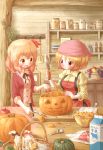  2girls aki_minoriko aki_shizuha arinu autumn_leaves basket blonde_hair bowl candy commentary_request hair_ornament halloween hat highres jack-o&#039;-lantern jar kitchen knife konpeitou leaf_hair_ornament licking milk_carton multiple_girls open_mouth pumpkin red_eyes siblings sisters smile spoon touhou yellow_eyes 