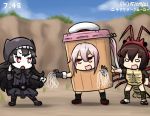  &gt;:d 3girls :d beret black_hair brown_hair costume dated female food gloves hair_ribbon hamu_koutarou harusame_(kantai_collection) hat ise_(kantai_collection) isolated_island_oni kamen_rider kantai_collection lobster long_hair multiple_girls noodles o_o open_mouth pantyhose parody pink_hair red_eyes ribbon shinkaisei-kan side_ponytail smile translated white_skin 