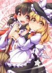  2girls ascot black_hair blonde_hair bow broom brown_eyes cheek-to-cheek dress fun_bo hair_bow hair_ribbon hair_tubes hakurei_reimu hat hat_bow holding_hands hug kirisame_marisa large_bow long_hair multiple_girls open_mouth ribbon star touhou witch_hat yellow_eyes 