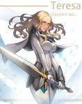  1girl absurdres armor blonde_hair bodysuit breasts cape character_name claymore claymore_(sword) copyright_name cowboy_shot highres impossible_clothes large_breasts long_hair pauldrons simple_background solo sword teresa weapon yellow_eyes zhangyushao 