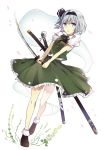  1girl blue_eyes dutch_angle full_body hairband highres hitodama katana konpaku_youmu konpaku_youmu_(ghost) looking_at_viewer open_mouth pero_(pixiv15896580) petals puffy_sleeves ribbon shirt shoes short_hair short_sleeves silver_hair skirt skirt_set socks solo sword touhou vest weapon white_background white_legwear 