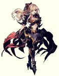  1girl armor blonde_hair bow finger_to_mouth full_body granblue_fantasy hair_bow hattori_masahiko long_hair looking_at_viewer ponytail red_eyes smile solo thigh-highs vila 