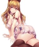  1girl armlet ass bangs bare_shoulders black_bow black_legwear blonde_hair blush bow breasts cleavage collarbone covered_nipples detached_collar dress granblue_fantasy hair_between_eyes hair_bow lace lace-trimmed_dress long_hair looking_at_viewer lying matsukawa_(pale_scarlet) on_side pink_eyes short_dress simple_background smile solo thigh-highs vila white_background white_dress 