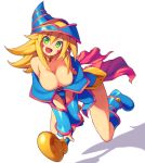  1girl :d blonde_hair breasts cleavage dark_magician_girl green_eyes hat looking_at_viewer metata open_mouth short_hair simple_background smile solo staff white_background wizard_hat yuu-gi-ou 
