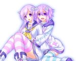  2girls d-pad hair_ornament highres hug long_hair multiple_girls nepgear neptune_(choujigen_game_neptune) neptune_(series) open_mouth purple_hair smile striped thigh-highs violet_eyes 