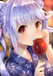  1girl absurdres blue_hair blush candy_apple double_bun food highres i-19_(kantai_collection) japanese_clothes kantai_collection kimono long_hair looking_at_viewer open_mouth red_eyes ribbon solo star star-shaped_pupils symbol-shaped_pupils twintails u_rin yukata 