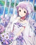  1girl artist_request bouquet dress earrings elbow_gloves flower gloves hair_flower hair_ornament idolmaster idolmaster_million_live! jewelry makabe_mizuki necklace official_art purple_hair short_hair veil wedding_dress white_dress yellow_eyes 