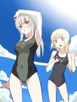  2girls :o arm_up armpits bangs bare_shoulders black_swimsuit blonde_hair blue_sky blush breast_envy breasts clouds collarbone cowboy_shot d: d:&lt; frown glasses green_eyes heidimarie_w_schnaufer heinrike_prinzessin_zu_sayn-wittgenstein homaredai large_breasts long_hair looking_at_another multiple_girls new_school_swimsuit one-piece_swimsuit open_mouth red_eyes silver_hair sky strike_witches swimsuit wet 