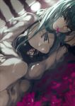  1girl breasts c.c. cleavage code_geass creayus flower green_hair long_hair looking_at_viewer lying on_side rose solo yellow_eyes 