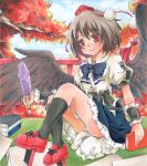  1girl autumn autumn_leaves bird_wings blue_sky book bow brown_hair clouds feathers geta hat hat_ribbon panties pantyshot pantyshot_(sitting) pom_pom_(clothes) puffy_short_sleeves puffy_sleeves red_eyes ribbon shameimaru_aya shikishi shirt short_sleeves sitting skirt sky smile solo tokin_hat touhou traditional_media tree underwear white_panties wings wrist_cuffs yozuki_shokora 