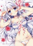 1girl absurdres babydoll bare_shoulders blue_eyes blush flower hair_flower hair_ornament highres long_hair looking_at_viewer lying navel on_back original pan_(mimi) panties parted_lips petals ribbon scan see-through silver_hair smile solo sweat underwear white_panties wrist_cuffs 