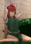  1girl animal_on_head anklet arms_up bare_legs bird bird_on_head brick_wall chinese_clothes closed_eyes conabe drooling grass hong_meiling jewelry knees_together_feet_apart long_hair outdoors redhead running_bond saliva saliva_trail side_slit sitting sleeping sleeping_upright stretch touhou wariza 