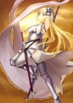  1girl absurdres arm_behind_head armor banner blonde_hair blue_eyes ccjn chain fate/grand_order fate/stay_night fate_(series) faulds gauntlets hair_down headpiece highres light_smile looking_back ruler_(fate/apocrypha) solo sword thigh-highs weapon 