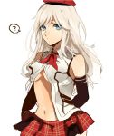  1girl alisa_ilinichina_amiella blue_eyes breasts elbow_gloves fingerless_gloves gloves god_eater god_eater_2:_rage_burst hat kurozatou_owata large_breasts long_hair looking_at_viewer pleated_skirt silver_hair simple_background single_elbow_glove skirt solo under_boob white_background white_hair 