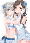  2girls anastasia_(idolmaster) bare_shoulders blue_eyes brown_eyes brown_hair earrings finger_to_another&#039;s_mouth gloves groin hair_ornament hairband highres idolmaster idolmaster_cinderella_girls jewelry long_hair looking_at_viewer mironomeo multiple_girls navel nitta_minami short_hair silver_hair white_background white_gloves yuri 