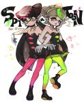  +_+ 2girls aori_(splatoon) black_hair character_name commentary copyright_name dated detached_collar dress earrings food food_on_head gloves gomi_(mikyou666) green_legwear grey_hair hand_on_own_face hotaru_(splatoon) jewelry leg_up locked_arms long_hair looking_at_viewer mask mole mole_under_eye multiple_girls object_on_head open_mouth pantyhose pointy_ears red_legwear shoes short_dress short_hair short_jumpsuit splatoon standing strapless strapless_dress tentacle_hair white_gloves 