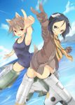  2girls absurdres amai_nekuta animal_ears black_eyes black_hair brown_eyes brown_hair flying highres kanno_naoe looking_at_viewer miyafuji_yoshika multiple_girls school_swimsuit short_hair smile strike_witches swimsuit 