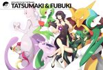  2girls absurdres alakazam black_hair commentary crossover english espeon fubuki_(onepunch_man) gallade gardevoir green_hair highres hoopa mewtwo multiple_girls onepunch_man poke_ball pokemon short_hair tatsumaki telekinesis wangphing 