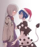  2girls :d against_wall blue_eyes blue_hair blush capelet collared_shirt doremy_sweet dress eye_contact full-face_blush jacket kishin_sagume kuroba_rapid looking_at_another multiple_girls open_mouth red_eyes scared seductive_smile shirt silver_hair skirt skirt_set smile tail touhou you_gonna_get_raped yuri 