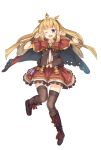  1girl ;d absurdres blonde_hair blush cagliostro_(granblue_fantasy) double_v granblue_fantasy highres long_hair looking_at_viewer one_eye_closed open_mouth ruma_imaginary skirt smile solo thigh-highs v violet_eyes 