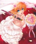  1girl blue_eyes bouquet breasts bridal_veil cleavage dark_skin dress female flower happy holding holding_weapon igawa_sakura kagami_hirotaka large_breasts looking_at_viewer off-shoulder_dress off_shoulder orange_hair petals rose short_hair smile solo taimanin_asagi veil wakizashi wedding_dress white_dress 