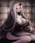  1girl alternate_costume bare_shoulders breasts covered_nipples glowing glowing_eyes highres horn hrtyuk japanese_clothes kantai_collection kimono large_breasts long_hair looking_at_viewer off_shoulder red_eyes seaport_hime shinkaisei-kan sitting solo very_long_hair white_hair 