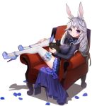  1girl animal_ears armchair blue_eyes bow chair frilled_skirt frills heterochromia high_heels long_hair looking_at_viewer looking_back open_mouth original petals rabbit rabbit_ears silver_hair sitting skirt solo thigh-highs violet_eyes whoisshe 
