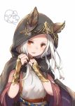  1girl animal_ears blush cat_ears cloak granblue_fantasy hood hooded_cloak long_hair open_mouth red_eyes roll_okashi silver_hair simple_background skasaha_(granblue_fantasy) solo squiggle upper_body white_background 