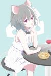 1girl alternate_costume animal_ears blue_background bowtie cheese dress eating eire_(sai_fuji) grey_hair highres looking_at_viewer mouse_ears nazrin red_eyes short_hair sitting sleeveless solo touhou white_dress 
