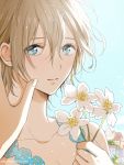  1girl blue_eyes blue_sky brown_hair building clouds earrings face flower hands hishi_(k-xaby) holding holding_flower jewelry lace looking_at_viewer original parted_lips short_hair sky solo watermark web_address white_flower 
