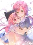  2girls backpack bag blush dress gakkou_gurashi! hair_ornament hairclip hand_on_head happy_tears hat hat_with_ears hug multiple_girls one_eye_closed open_mouth pink_eyes pink_hair puffy_short_sleeves puffy_sleeves purple_dress repi987 revision sakura_megumi shirt short_sleeves skirt smile takeya_yuki tears winged_backpack yellow_eyes 