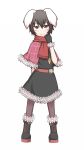  1girl alternate_color animal_ears black_gloves black_legwear blush boots brown_hair capelet carrot_necklace dress gloves inaba_tewi kuroba_rapid looking_at_viewer pantyhose rabbit_ears scarf short_hair smile smug solo touhou 