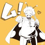  1boy antennae artist_name blush_stickers cape chahora_(siki_dos) cowboy_shot dated drumsticks fat fat_man heart male_focus outstretched_arm partially_colored show_by_rock!! smile solo tentomutsumi 
