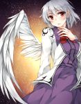  1girl bow dress jacket kishin_sagume long_sleeves open_clothes open_mouth purple_dress red_eyes rinarisa shirt short_hair silver_hair single_wing solo space star_(sky) touhou wings 