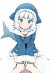  1girl animal_hood bangs blue_eyes blue_hair blue_hoodie blush cross-eyed flying_sweatdrops gawr_gura hololive hololive_english hood long_sleeves looking_at_viewer multicolored_hair open_mouth shark_girl shark_hood shark_tail sharp_teeth simple_background smile solo streaked_hair tail teeth tottotonero virtual_youtuber white_hair 