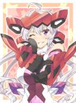  1girl ahoge armor bodysuit breasts gauntlets grin headgear large_breasts long_hair looking_at_viewer one_eye_closed senki_zesshou_symphogear silver_hair smile solo takano_itsuki twintails upper_body violet_eyes yukine_chris 