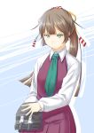  1girl bow green_eyes hair_bow highres kantai_collection kazagumo_(kantai_collection) looking_at_viewer necktie niwatazumi ponytail solo turret 