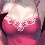  1girl bare_shoulders breasts cleavage close-up commentary head_out_of_frame highres idolmaster idolmaster_cinderella_girls jewelry jirasak_santhaweesuk necklace ribbed_shirt shirt short_hair solo takagaki_kaede 