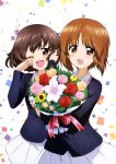  2girls :d ;d absurdres adjusting_hair akiyama_yukari blush bouquet brown_eyes brown_hair confetti flower girls_und_panzer highres holding jacket military military_uniform miniskirt multiple_girls nishizumi_miho official_art one_eye_closed open_mouth pleated_skirt short_hair skirt smile sugimoto_isao tearing_up tears uniform wiping_tears 