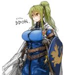  1girl breasts brown_eyes dragon&#039;s_dogma gloves green_hair large_breasts long_hair original ponytail sachito sheath sheathed shield simple_background smile solo sword weapon white_background 