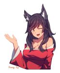  1girl ahri animal_ears artist_name bare_shoulders black_hair fang fox_ears highres honeyyun korean_clothes league_of_legends long_hair looking_at_viewer one_eye_closed open_mouth solo upper_body whisker_markings white_background yellow_eyes 